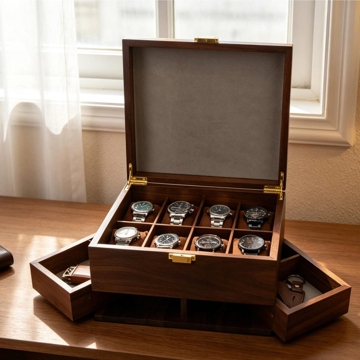 Wooden Watch EDC Organizer Box Multi Tier with Pull-Out Drawer Removable Tray Men’s Jewelry, Sunglasses, Keys Watch Storage, Gifts for him