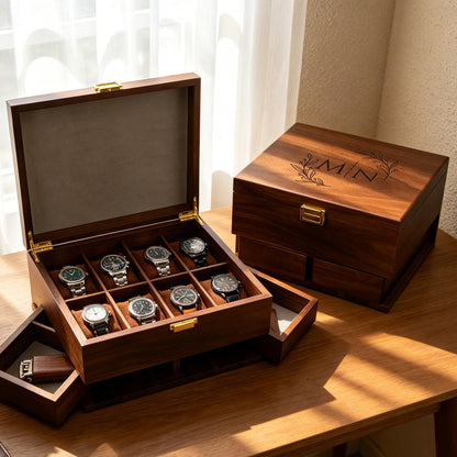 Wooden Watch EDC Organizer Box Multi Tier with Pull-Out Drawer Removable Tray Men’s Jewelry, Sunglasses, Keys Watch Storage, Gifts for him
