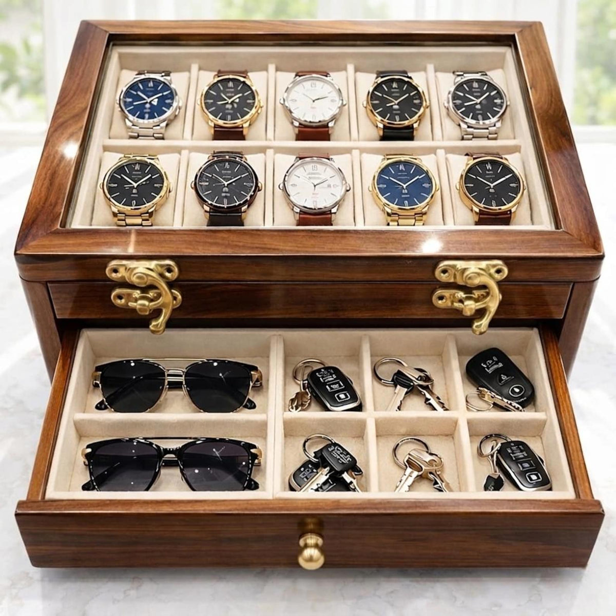 Rosewood Watch Box with Glass Lid | Luxury Watch, Sunglasses, Accessory Organizer