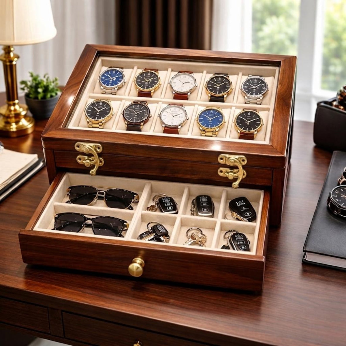 Rosewood Watch Box with Glass Lid | Luxury Watch, Sunglasses, Accessory Organizer