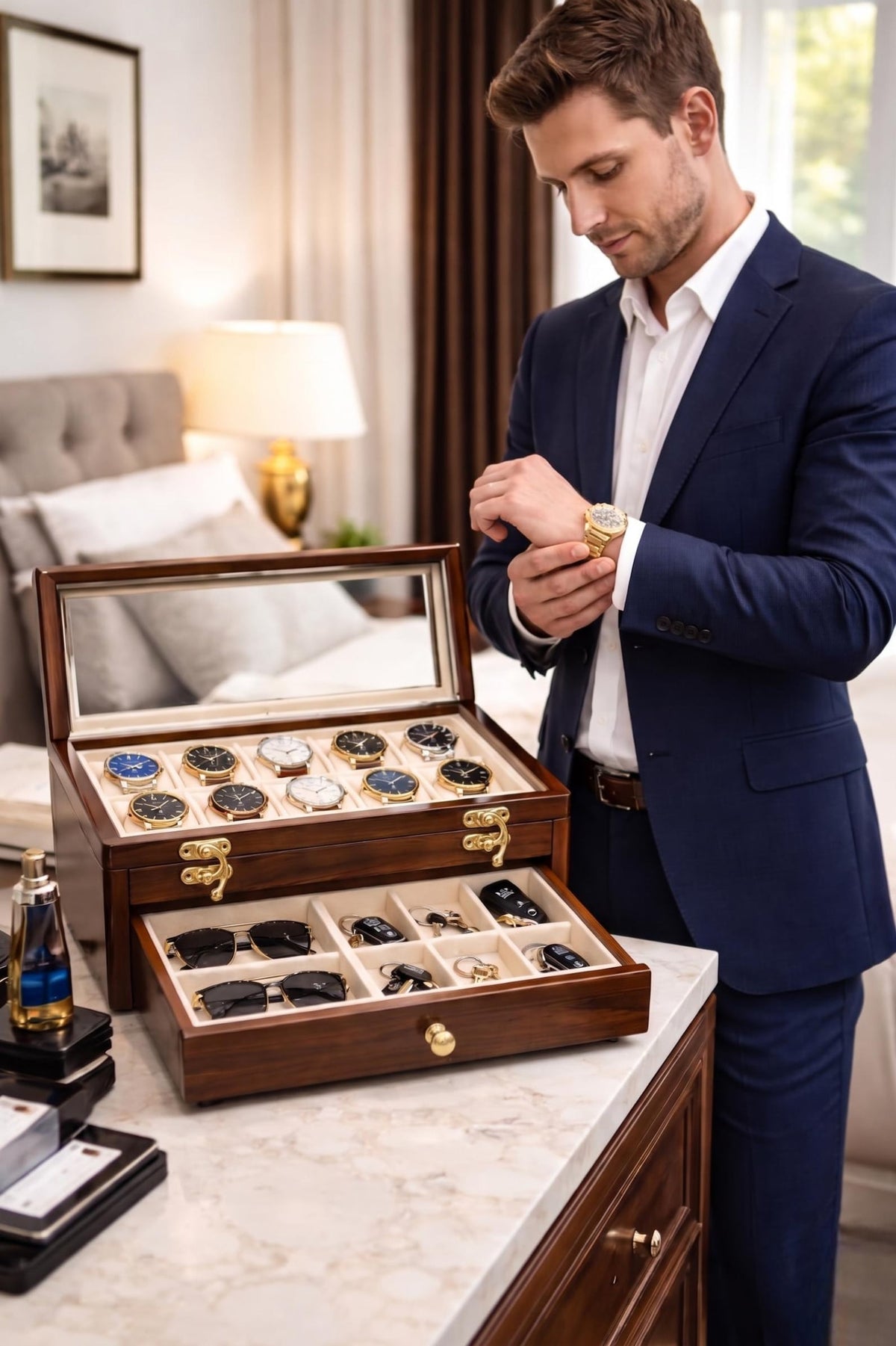 Rosewood Watch Box with Glass Lid | Luxury Watch, Sunglasses, Accessory Organizer
