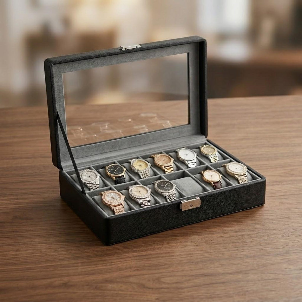 12 Slot Watch Storage Box with Glass Lid – Dustproof Watch Display Case