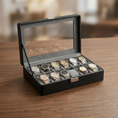 12 Slot Watch Storage Box with Glass Lid – Dustproof Watch Display Case