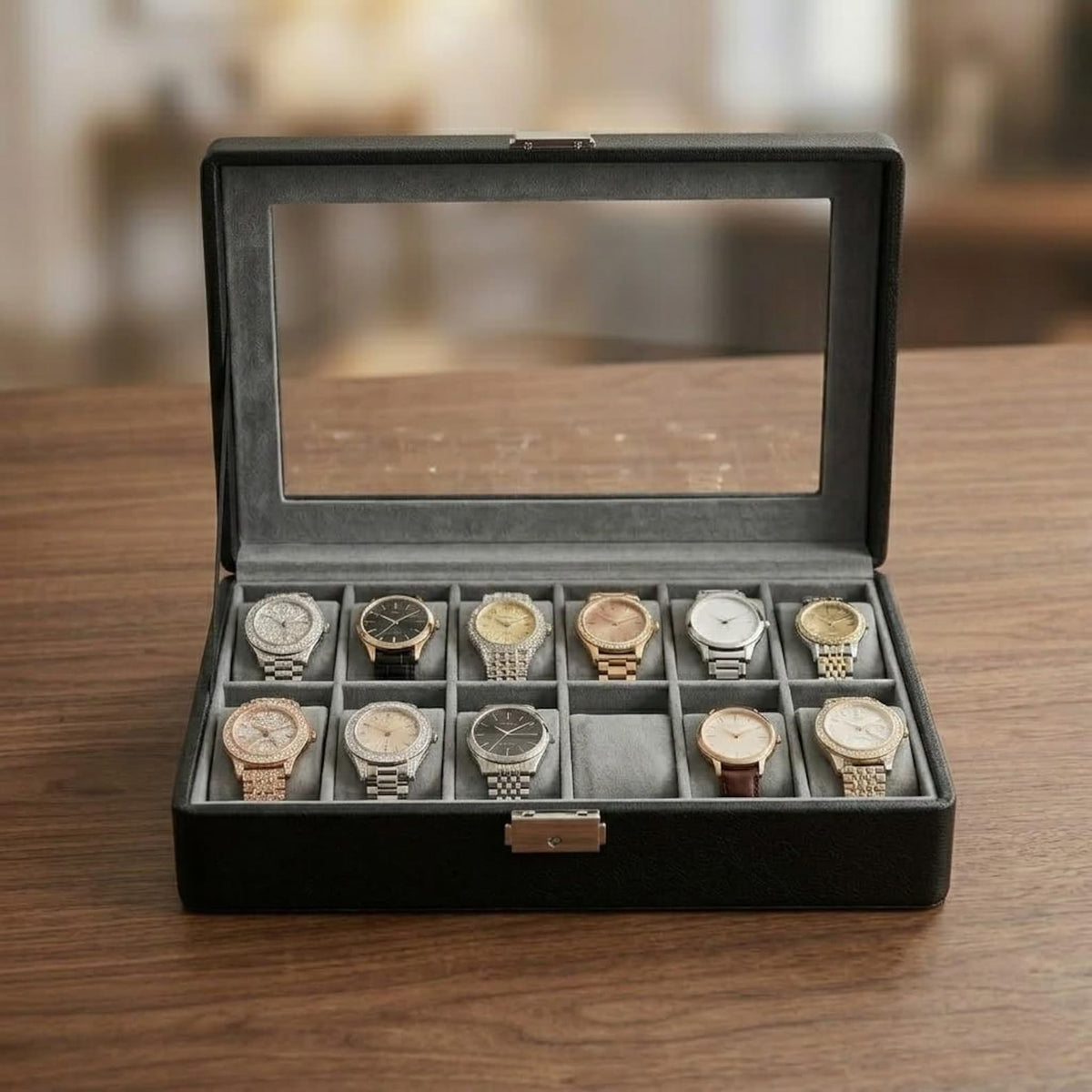 12 Slot Watch Storage Box with Glass Lid – Dustproof Watch Display Case