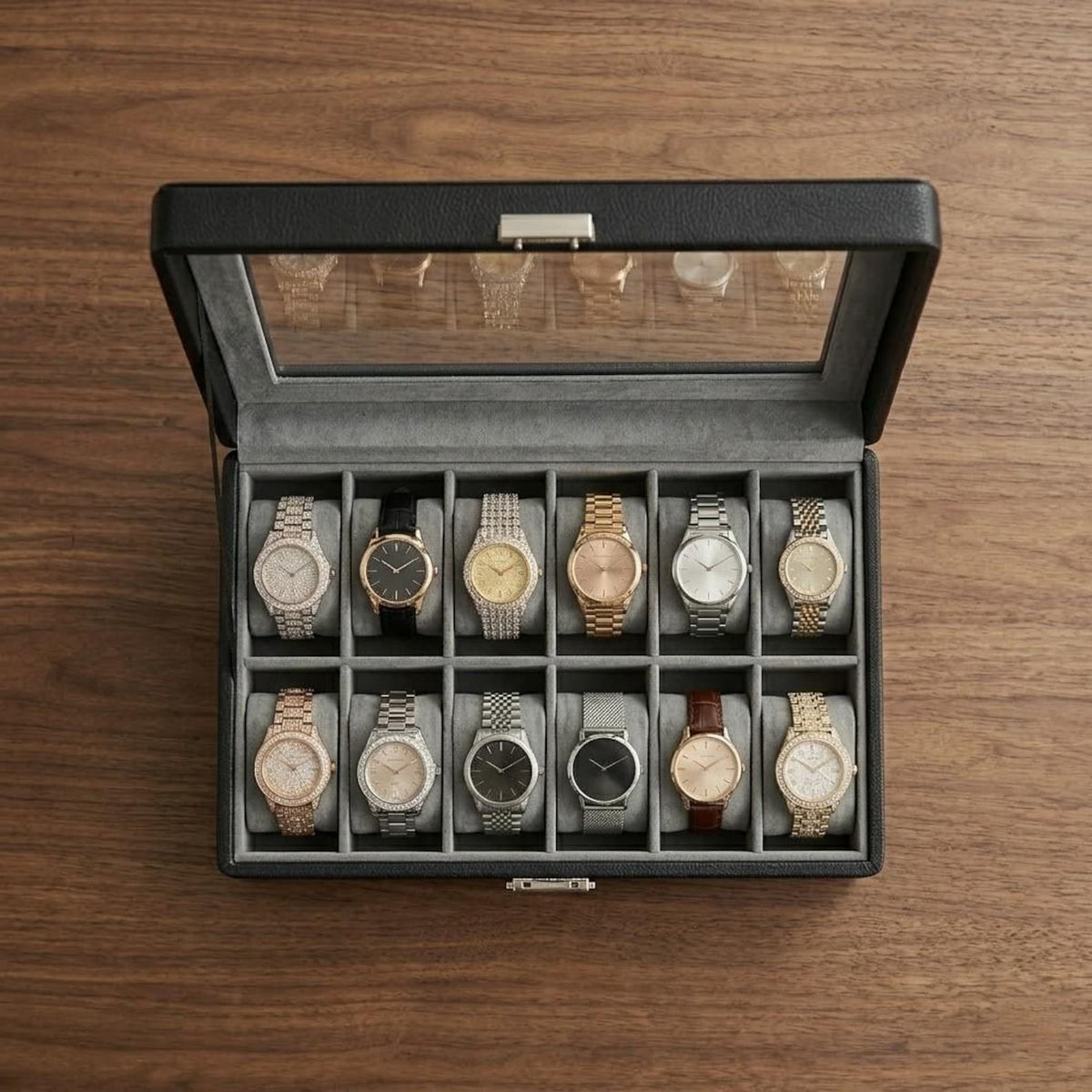 12 Slot Watch Storage Box with Glass Lid – Dustproof Watch Display Case