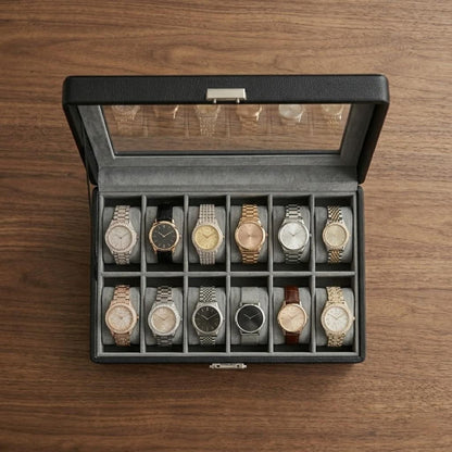 12 Slot Watch Storage Box with Glass Lid – Dustproof Watch Display Case