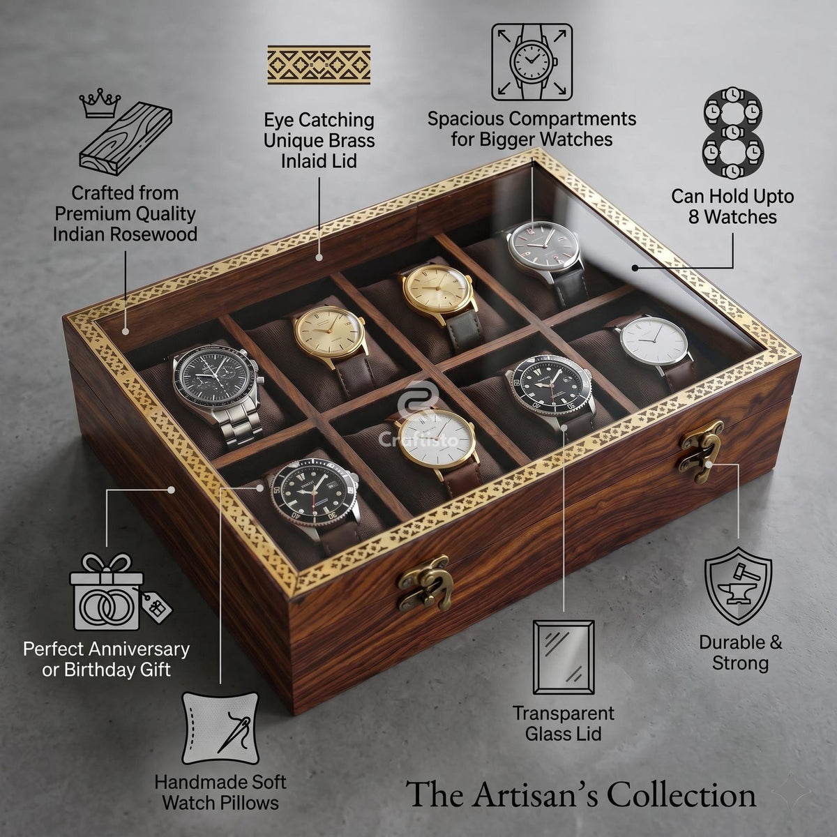 Wooden Watch Box, 8 Slot Organizer, Rosewood, Brass Inlay, Glass Lid