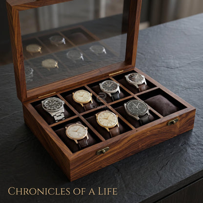 Wooden Watch Box, 8 Slot Organizer, Rosewood, Brass Inlay, Glass Lid