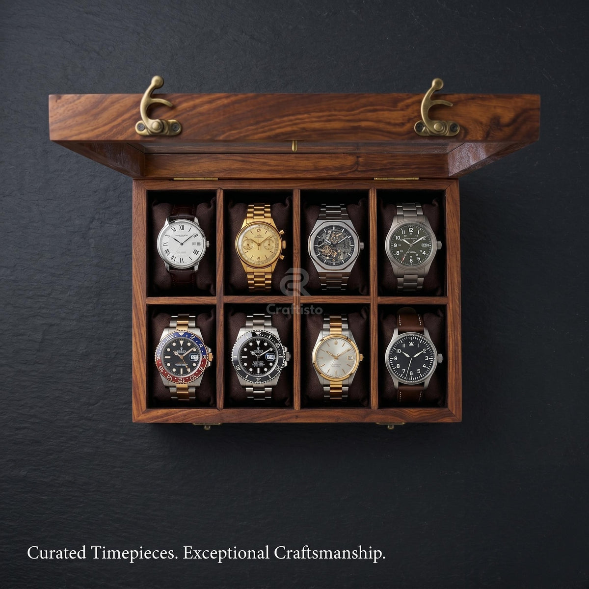 Wooden Watch Box, 8 Slot Organizer, Rosewood, Brass Inlay, Glass Lid