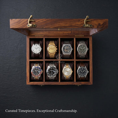 Wooden Watch Box, 8 Slot Organizer, Rosewood, Brass Inlay, Glass Lid