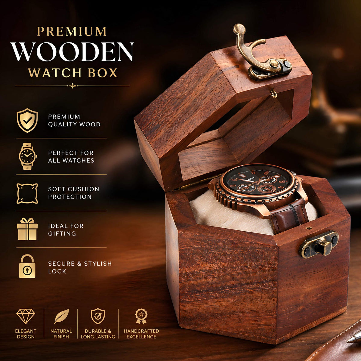Rosewood Watch Box, Honeycomb Glass Lid Watch Organizer, Luxury Wooden Storage Case Handmade