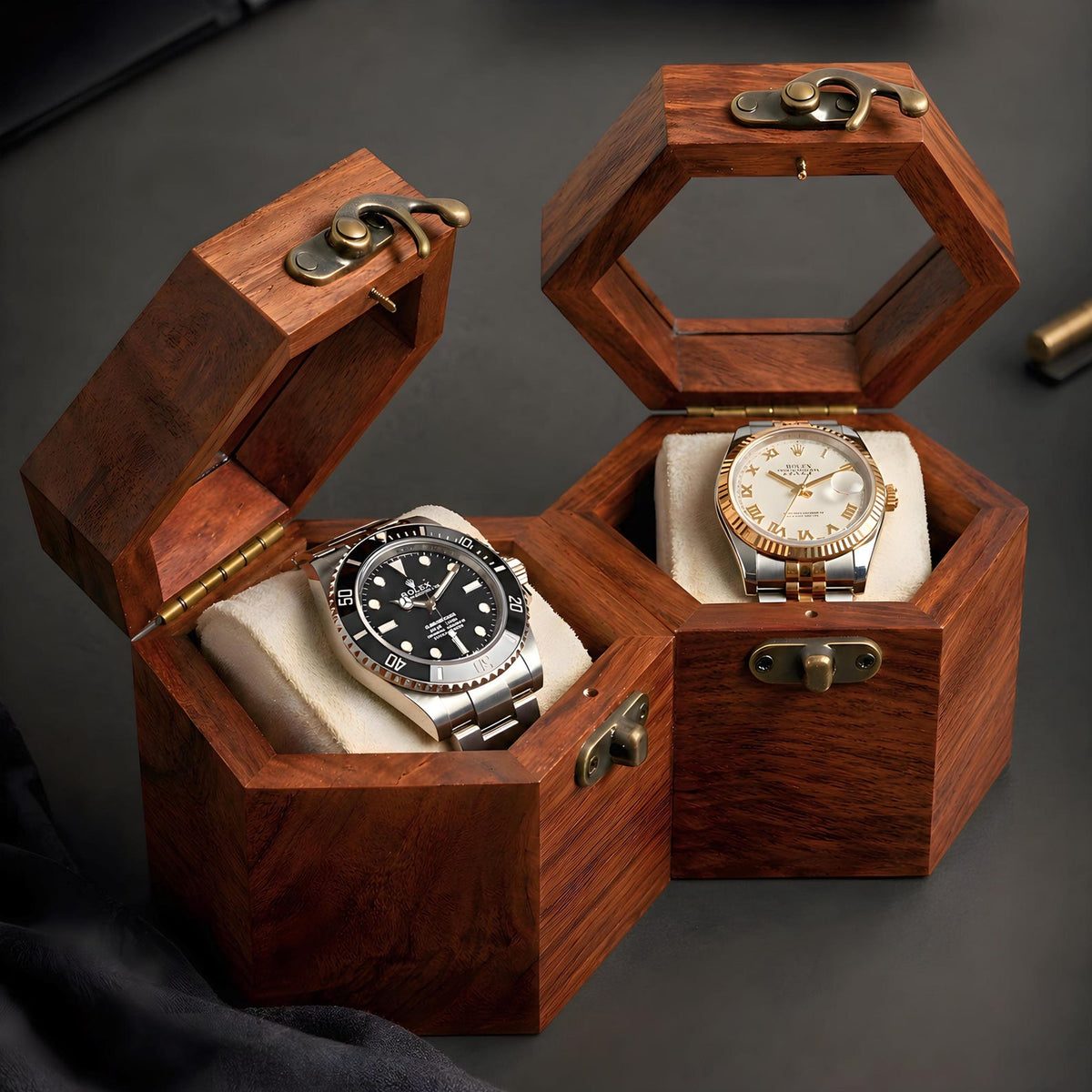 Rosewood Watch Box, Honeycomb Glass Lid Watch Organizer, Luxury Wooden Storage Case Handmade