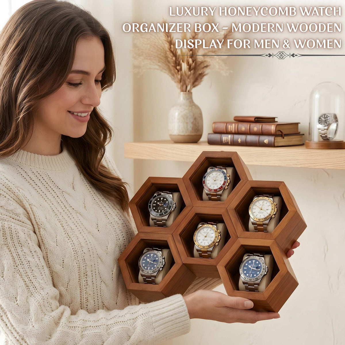 Rosewood Watch Box, Honeycomb Glass Lid Watch Organizer, Luxury Wooden Storage Case Handmade