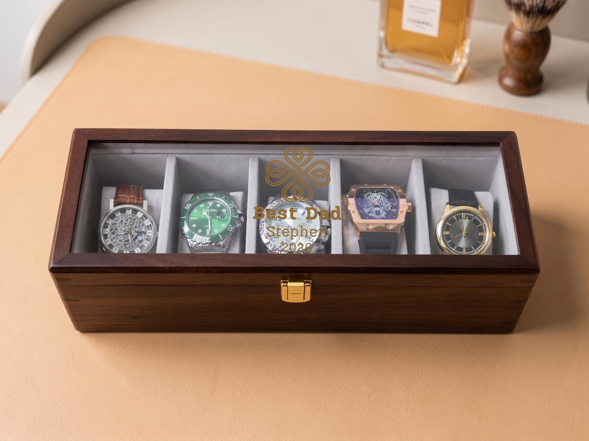 Personalized Walnut Watch Box (1 to 10 Slots) - Father's Day Gift for Husband & Dad, Custom Watch Display Case for Him