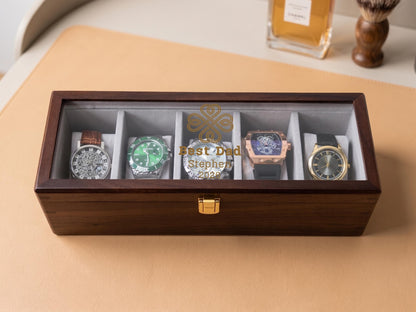 Personalized Walnut Watch Box (1 to 10 Slots) - Father's Day Gift for Husband & Dad, Custom Watch Display Case for Him
