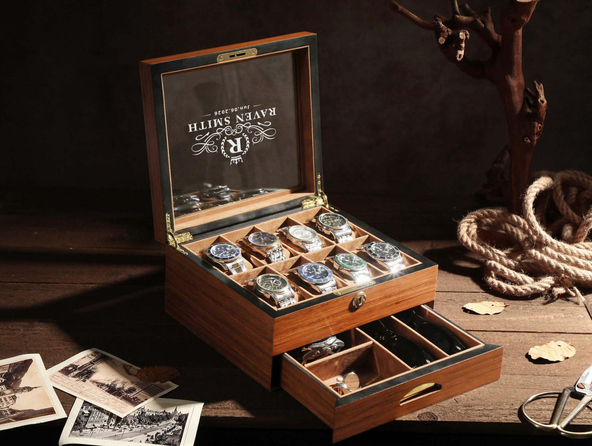 Luxury Watch Case Dad Anniversary Present, Elegant Watch Box Wooden Storage Organizer Retirement Gift for Men Personalized Watch Display Box