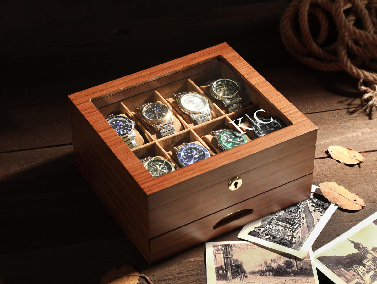 Luxury Watch Case Dad Anniversary Present, Elegant Watch Box Wooden Storage Organizer Retirement Gift for Men Personalized Watch Display Box