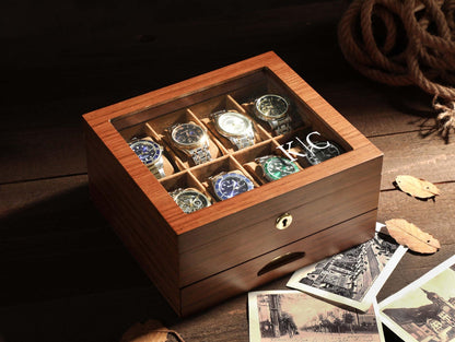 Luxury Watch Case Dad Anniversary Present, Elegant Watch Box Wooden Storage Organizer Retirement Gift for Men Personalized Watch Display Box