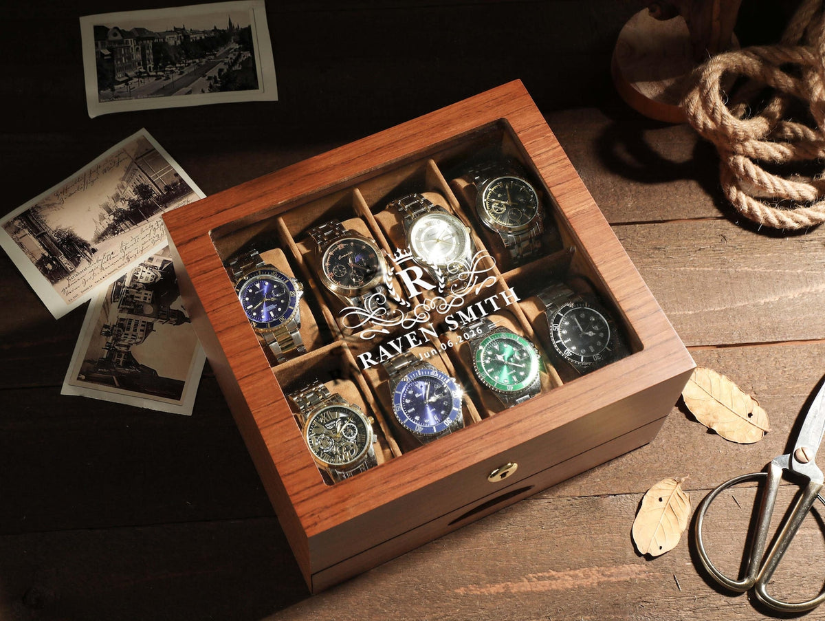 Luxury Watch Case Dad Anniversary Present, Elegant Watch Box Wooden Storage Organizer Retirement Gift for Men Personalized Watch Display Box