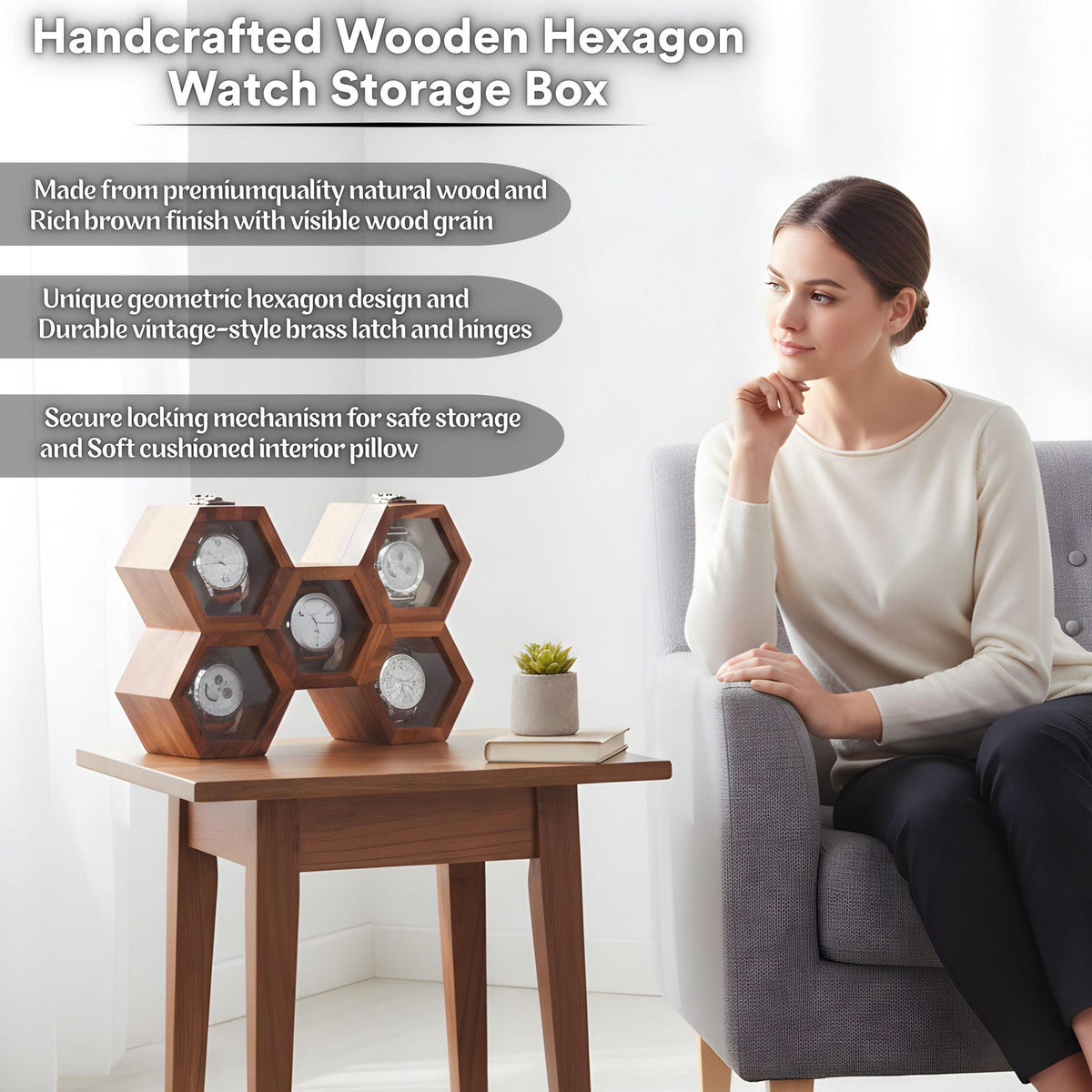 Personalized Hexagon Wooden Watch Box, 5-Slot Organizer, Velvet Cushions (Gift for Him)