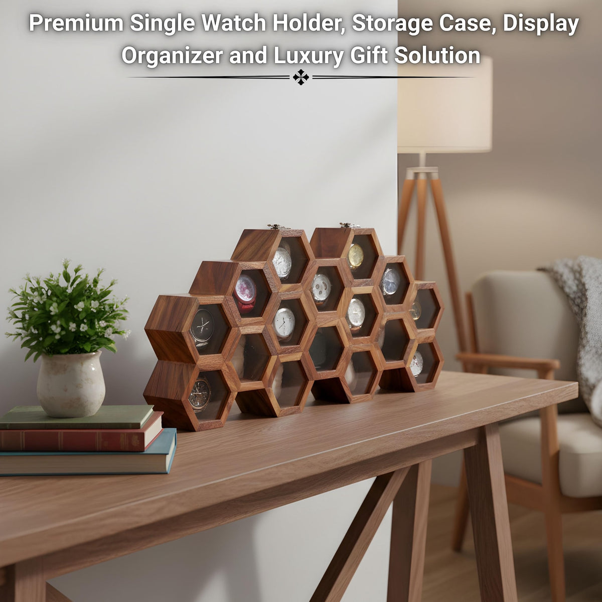 Personalized Hexagon Wooden Watch Box, 16-Compartment Display Case (Glass Lid)