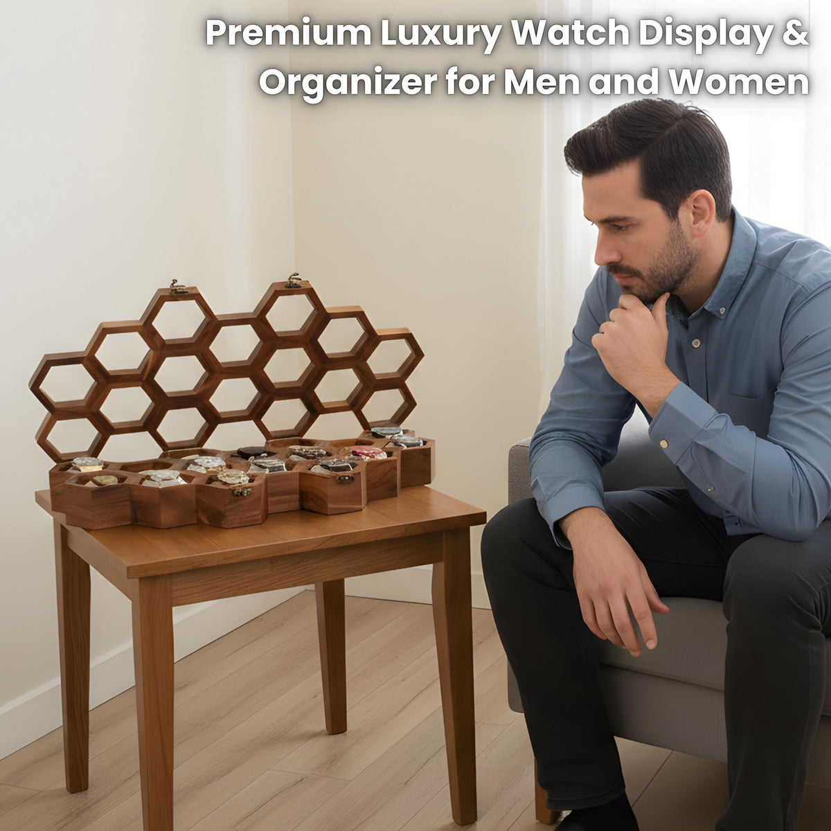 Personalized Hexagon Wooden Watch Box, 16-Compartment Display Case (Glass Lid)