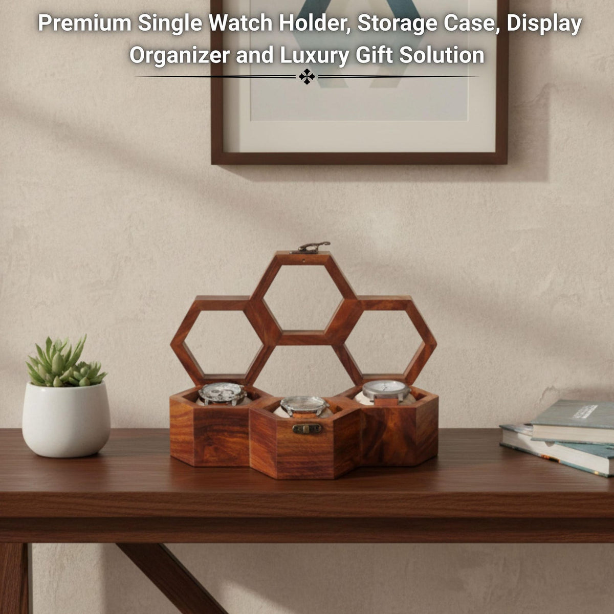 Personalized Hexagon Wooden Watch Box, 3-Slot Organizer, Anniversary Gift for Him