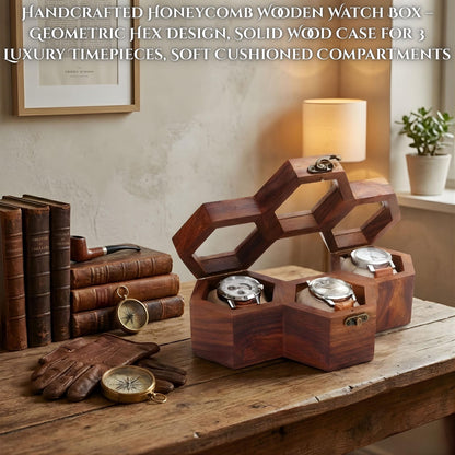 Personalized Hexagon Wooden Watch Box, 3-Slot Organizer, Anniversary Gift for Him