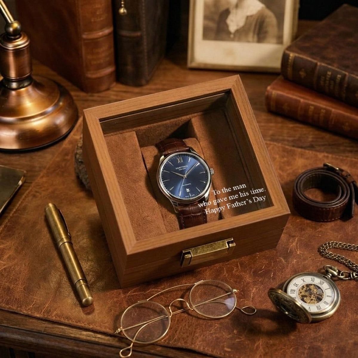 Personalized Wood Watch Box for Dad, Custom Engraved Glass Jewelry Case, Father's Day Gift, Mens Anniversary Gift, Heritage Watch Organizer