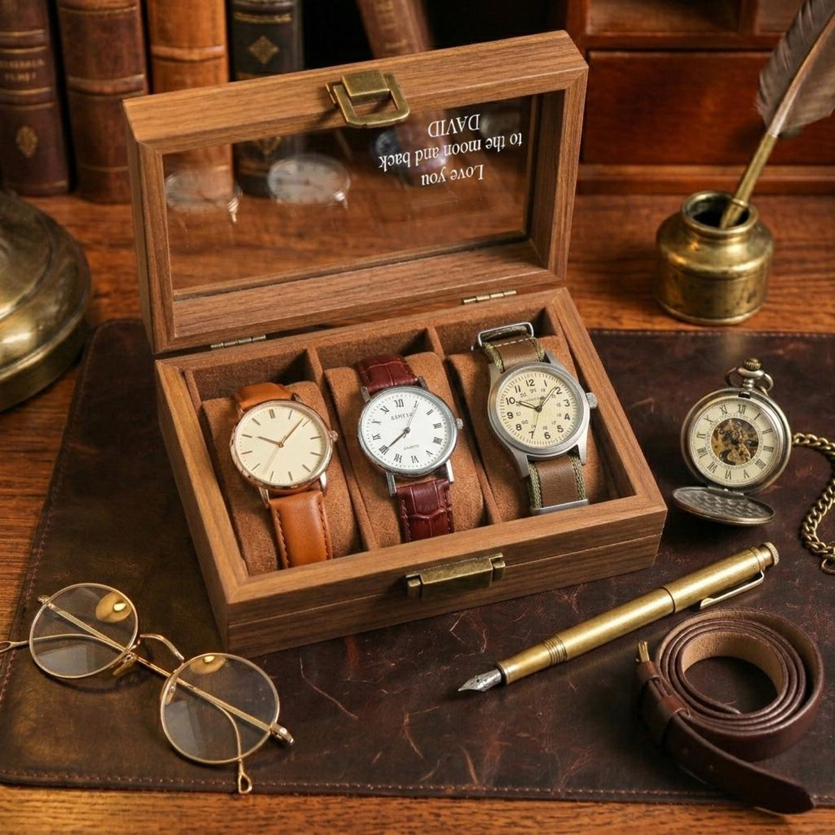 Personalized Wood Watch Box for Dad, Custom Engraved Glass Jewelry Case, Father's Day Gift, Mens Anniversary Gift, Heritage Watch Organizer