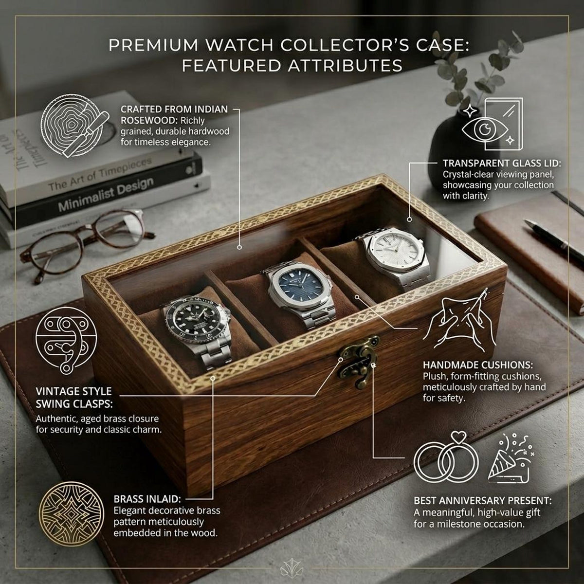 Wooden Watch Box, 8 Slot Organizer, Rosewood, Brass Inlay, Glass Lid