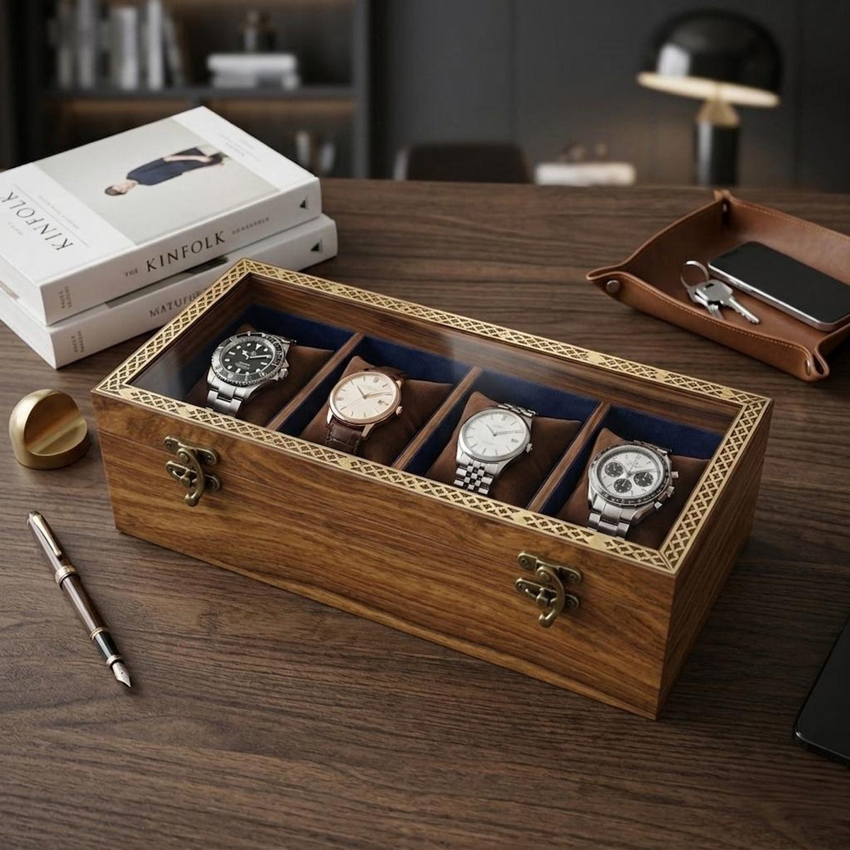 Wooden Watch Box, 8 Slot Organizer, Rosewood, Brass Inlay, Glass Lid
