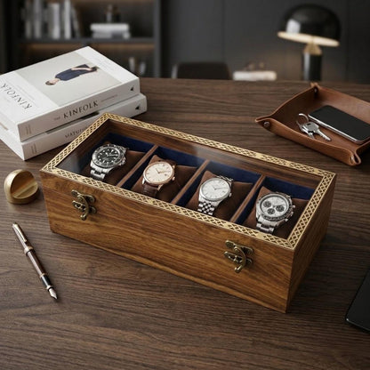 Wooden Watch Box, 8 Slot Organizer, Rosewood, Brass Inlay, Glass Lid