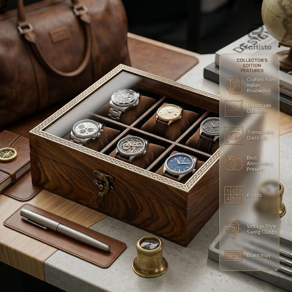 Wooden Watch Box, 8 Slot Organizer, Rosewood, Brass Inlay, Glass Lid