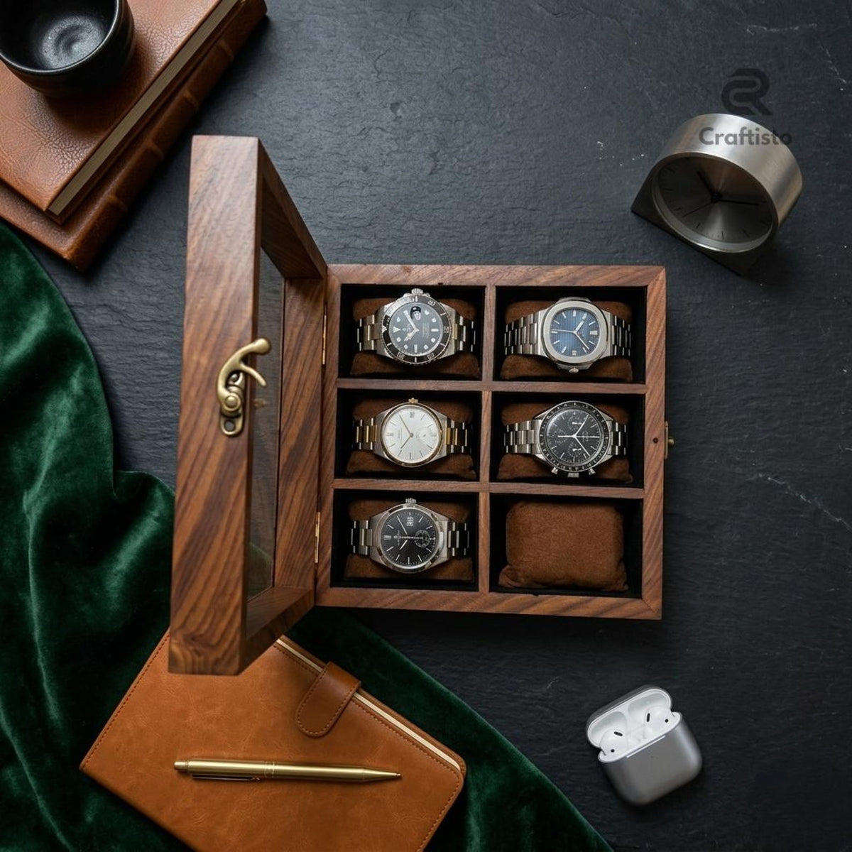 Wooden Watch Box, 8 Slot Organizer, Rosewood, Brass Inlay, Glass Lid