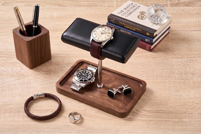 Custom Wood Watch Display Stand with Jewelry Catchall Tray, Engraved Men's Valet Tray, Nightstand Organizer, Watch Holder, Gift for Him
