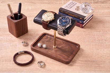 Custom Wood Watch Display Stand with Jewelry Catchall Tray, Engraved Men's Valet Tray, Nightstand Organizer, Watch Holder, Gift for Him