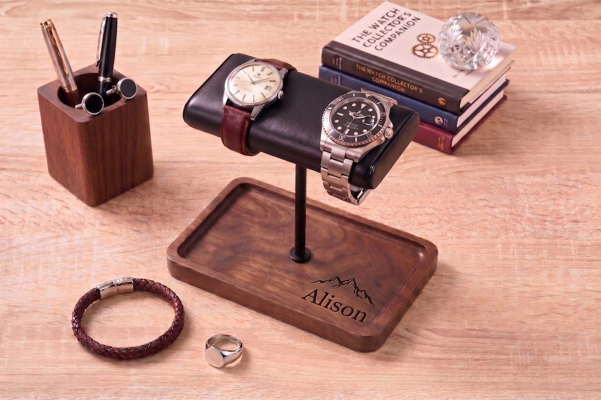 Custom Wood Watch Display Stand with Jewelry Catchall Tray, Engraved Men's Valet Tray, Nightstand Organizer, Watch Holder, Gift for Him