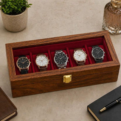 Wooden Watch Box Organizer – 5 Slot Glass Top Display Case, Velvet Lined Storage