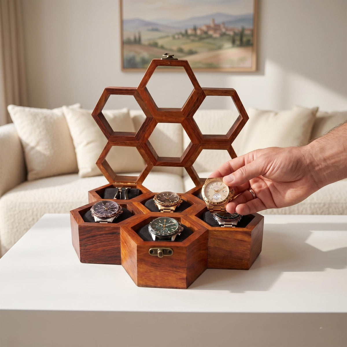 Personalized Rosewood Honeycomb Watch Box, Glass Lid Organizer, Handmade Wood Case