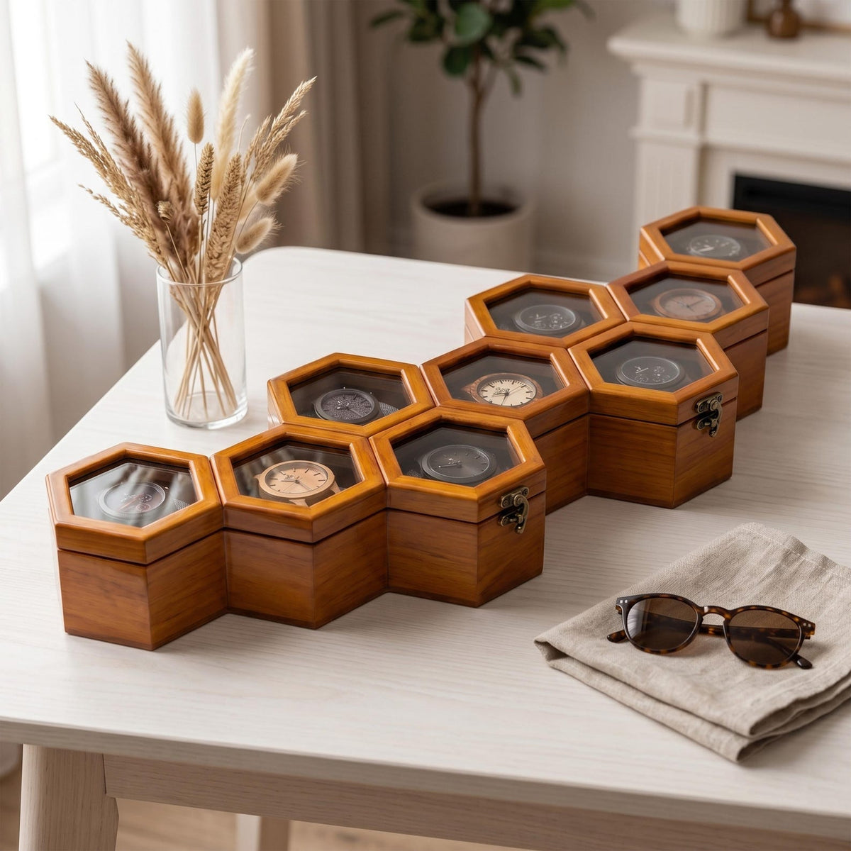 Personalized Rosewood Honeycomb Watch Box, Glass Lid Organizer, Handmade Wood Case
