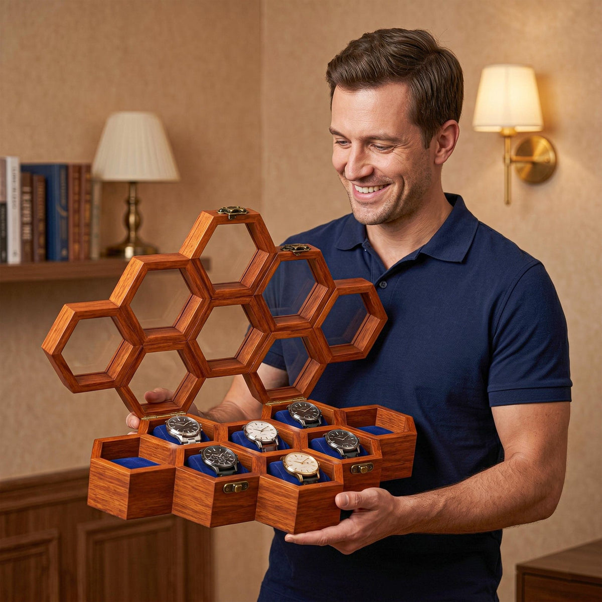 Personalized Rosewood Honeycomb Watch Box, Glass Lid Organizer, Handmade Wood Case