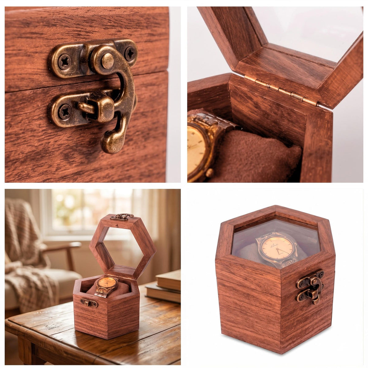 Personalized Rosewood Honeycomb Watch Box, Glass Lid Organizer, Handmade Wood Case