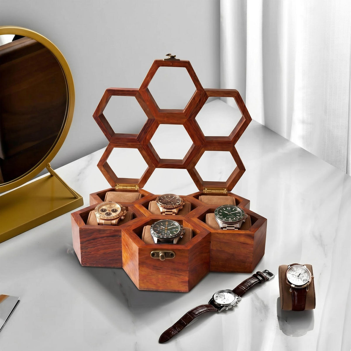 Personalized Rosewood Honeycomb Watch Box, Glass Lid Organizer, Handmade Wood Case