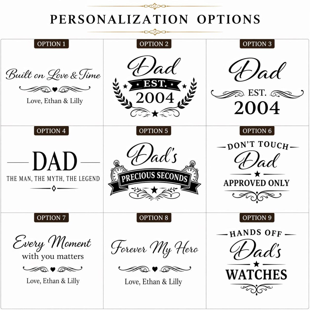 Personalized Father's Day Black Watch Box with Engraved Glass Lid