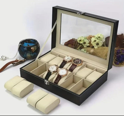 Personalized Father's Day Black Watch Box with Engraved Glass Lid