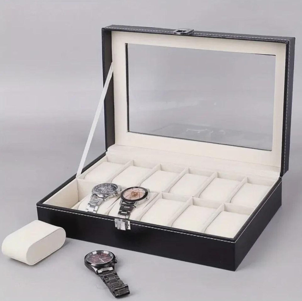 Personalized Father's Day Black Watch Box with Engraved Glass Lid