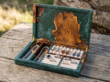 Luxury Men's Jewelry Box, Green Epoxy Resin Watch Organizer, Handmade Wooden Cufflink Storage, Gift for Dad Husband Grandpa Boss