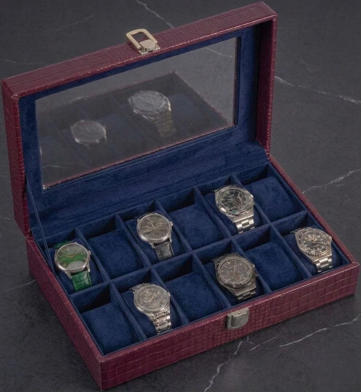 12 Slot Watch Box, Crocodile Leather Display Case, Velvet Lined Organizer