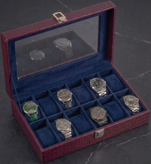 12 Slot Watch Box, Crocodile Leather Display Case, Velvet Lined Organizer